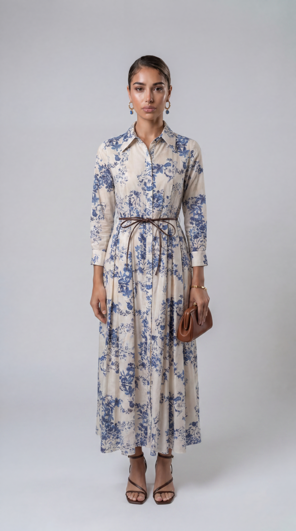 Hemdblusenkleid mit blauem Toile-de-Jouy-Print