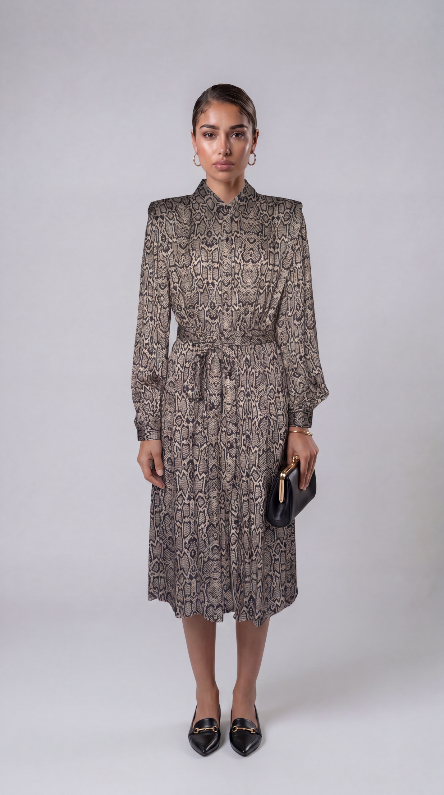 Printed Midi Hemdblusenkleid mit Stoffgürtel